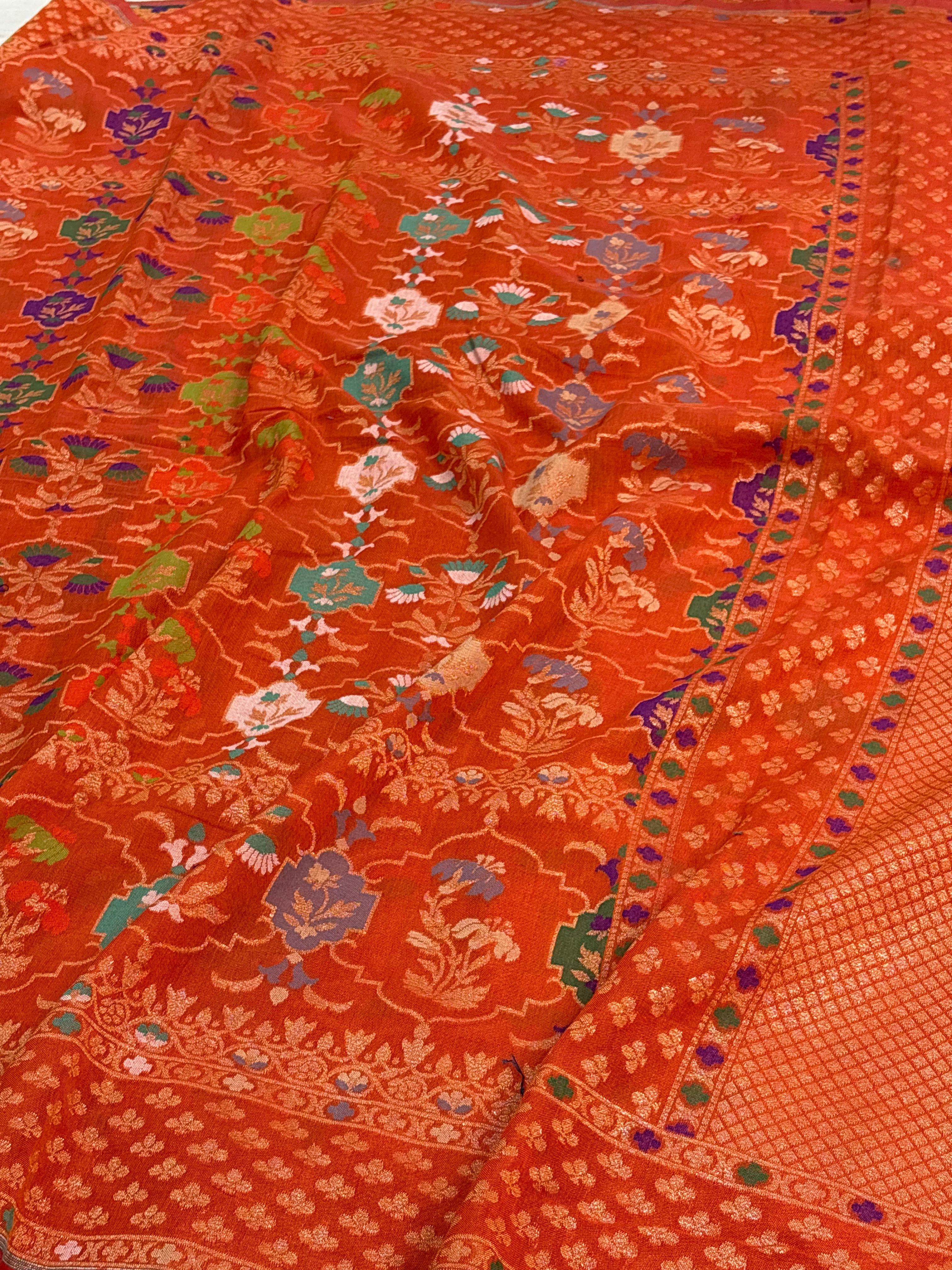 Orange Kora Jamdani Handloom Banarasi Saree with Multicolour Motifs