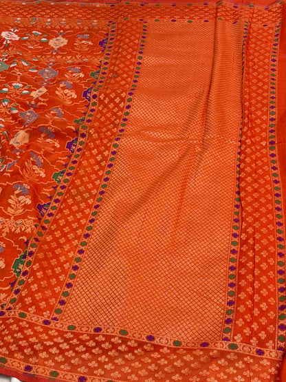 Orange Kora Jamdani Handloom Banarasi Saree with Multicolour Motifs