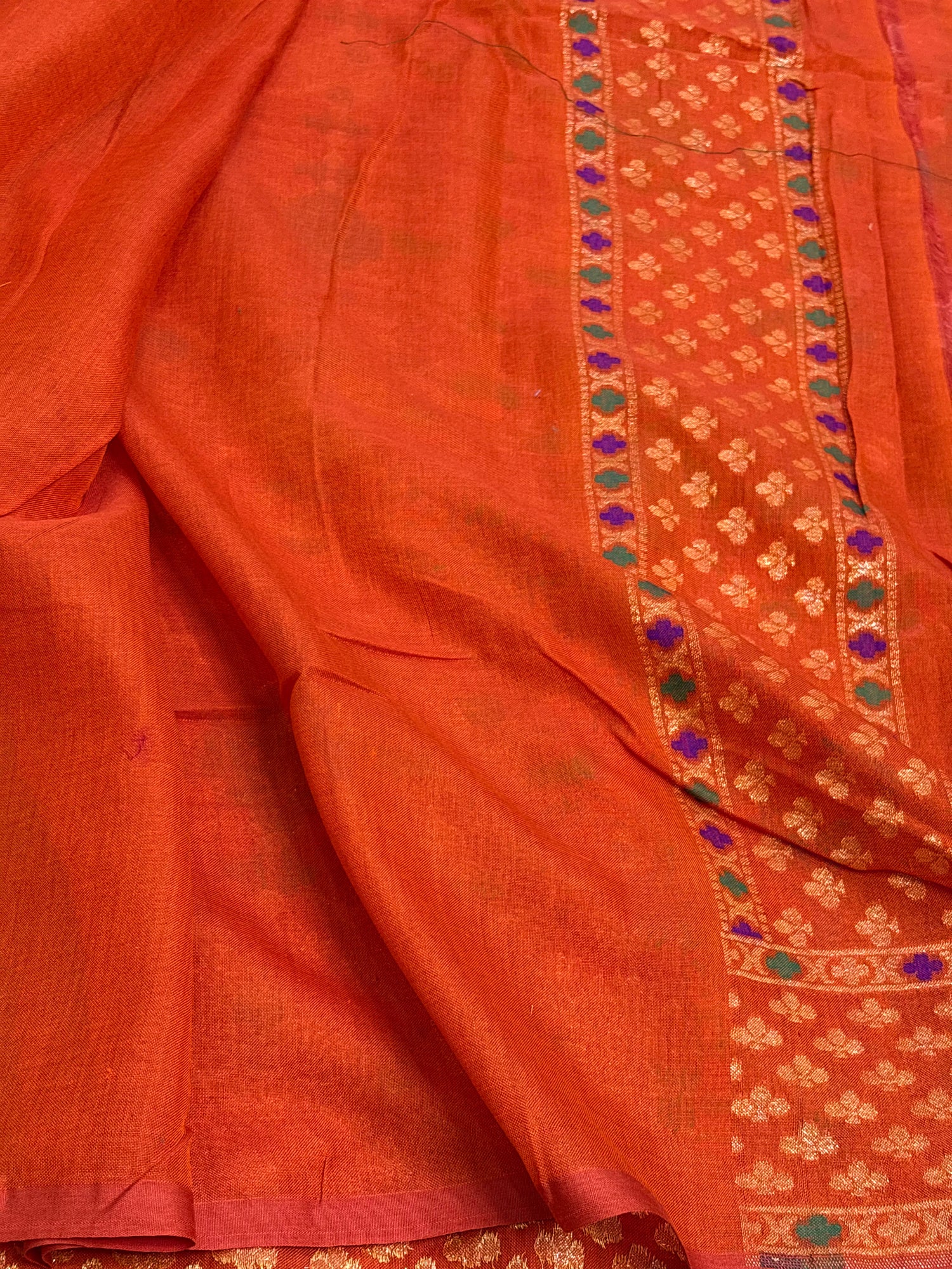 Orange Kora Jamdani Handloom Banarasi Saree with Multicolour Motifs