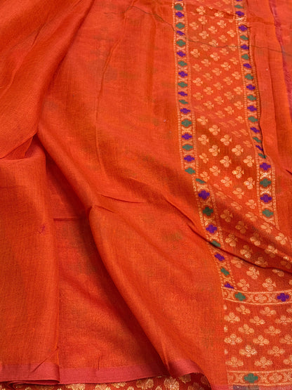Orange Kora Jamdani Handloom Banarasi Saree with Multicolour Motifs