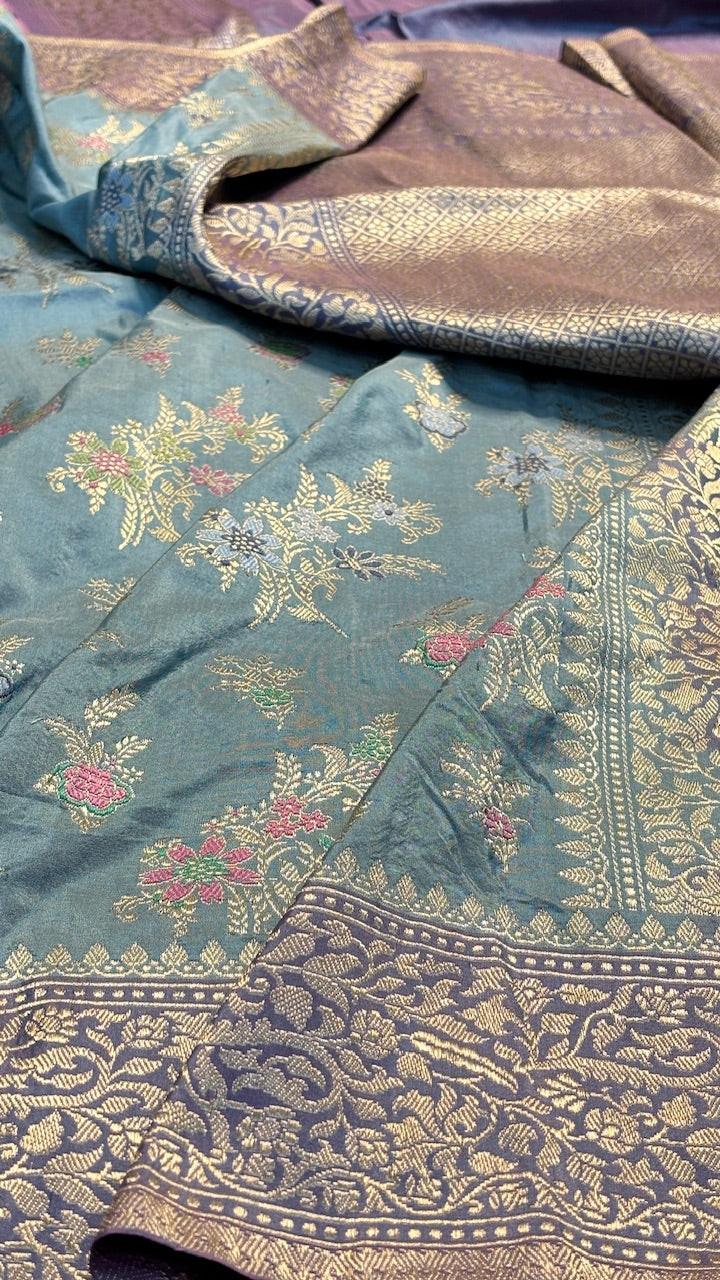 Teal Blue Pure Banarasi Katan Silk Handloom Saree