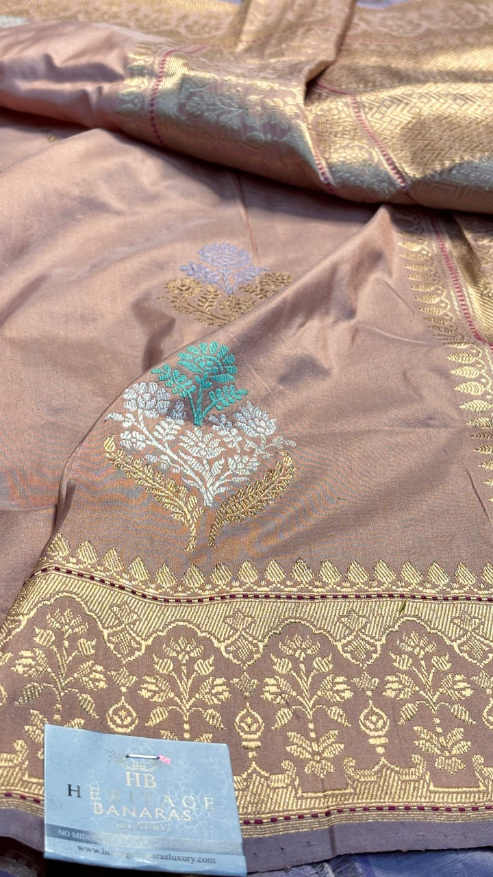 Rose Gold Pure Banarasi Katan Silk Handloom Saree