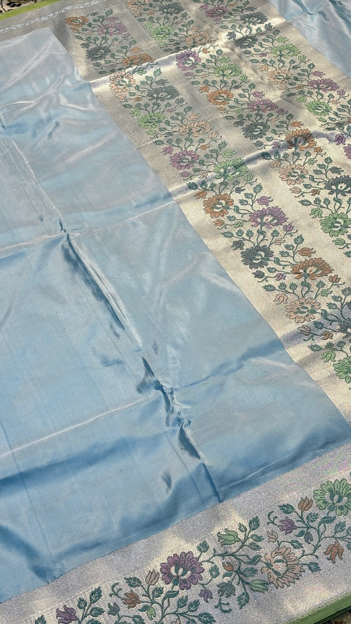 Powder Blue Pure Banarasi Katan Silk Handloom Saree