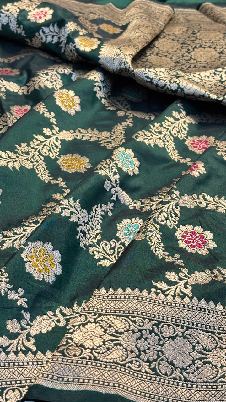 Bottle Green Pure Banarasi Katan Silk Saree