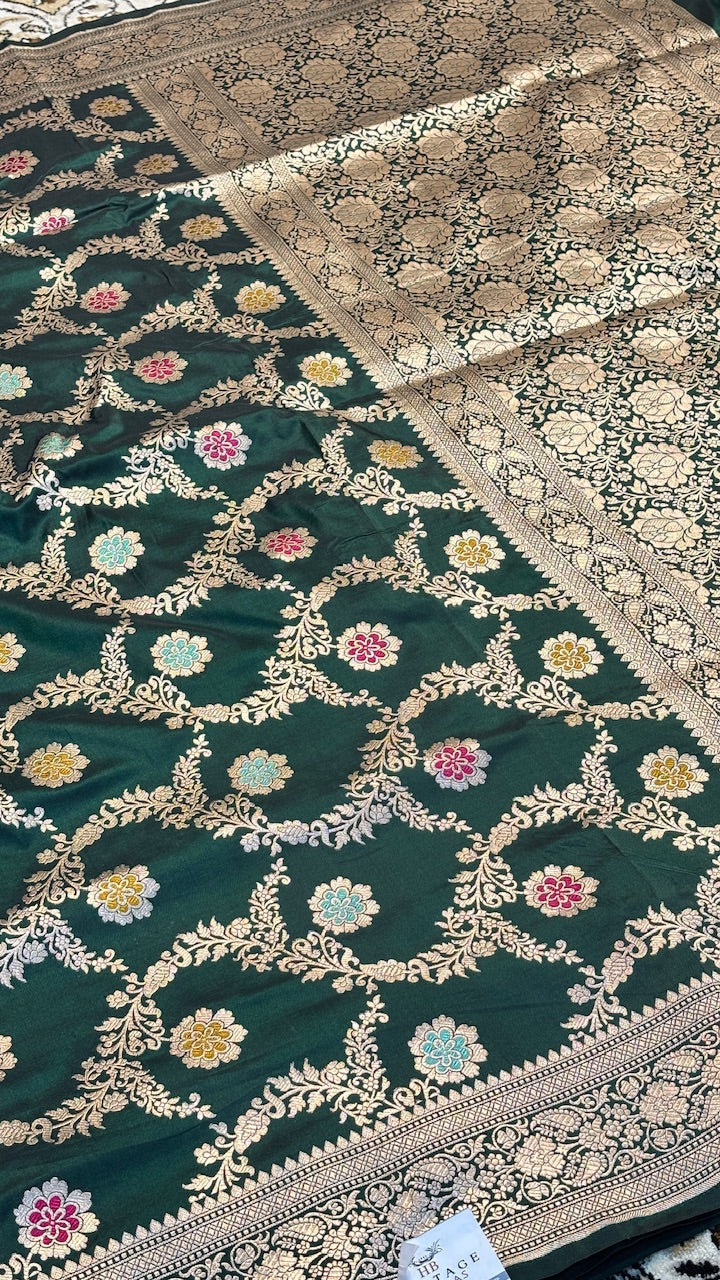 Bottle Green Pure Banarasi Katan Silk Saree