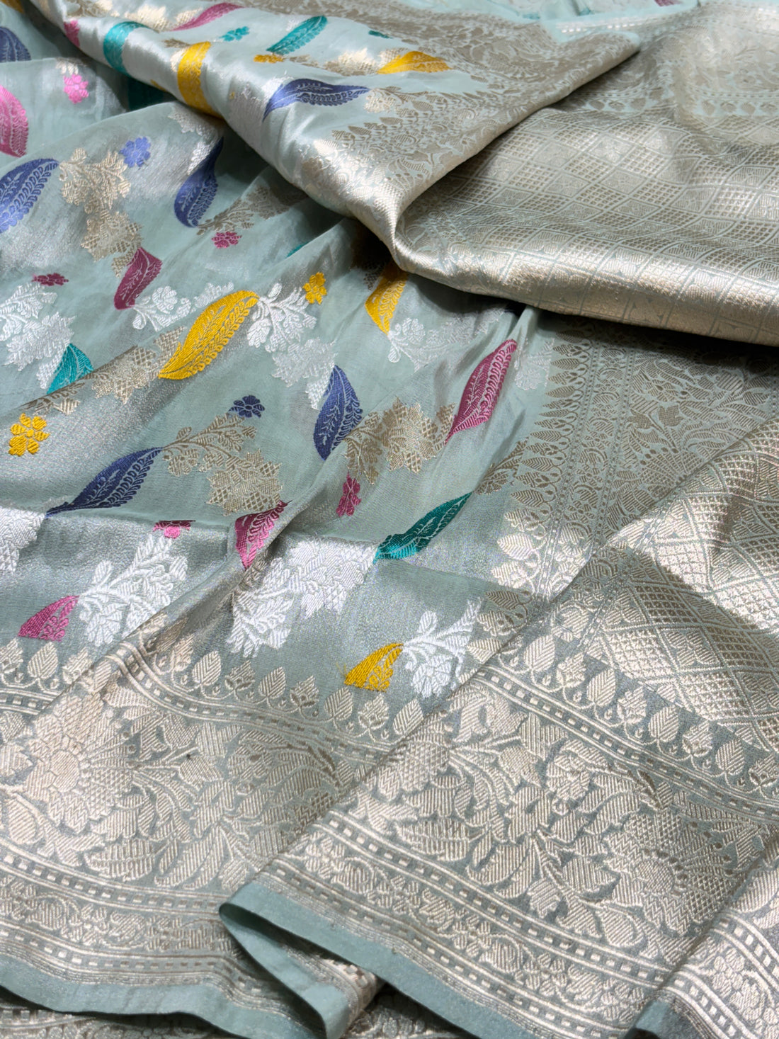 Ice Blue Tissue Banarasi Silk Handwoven Saree
