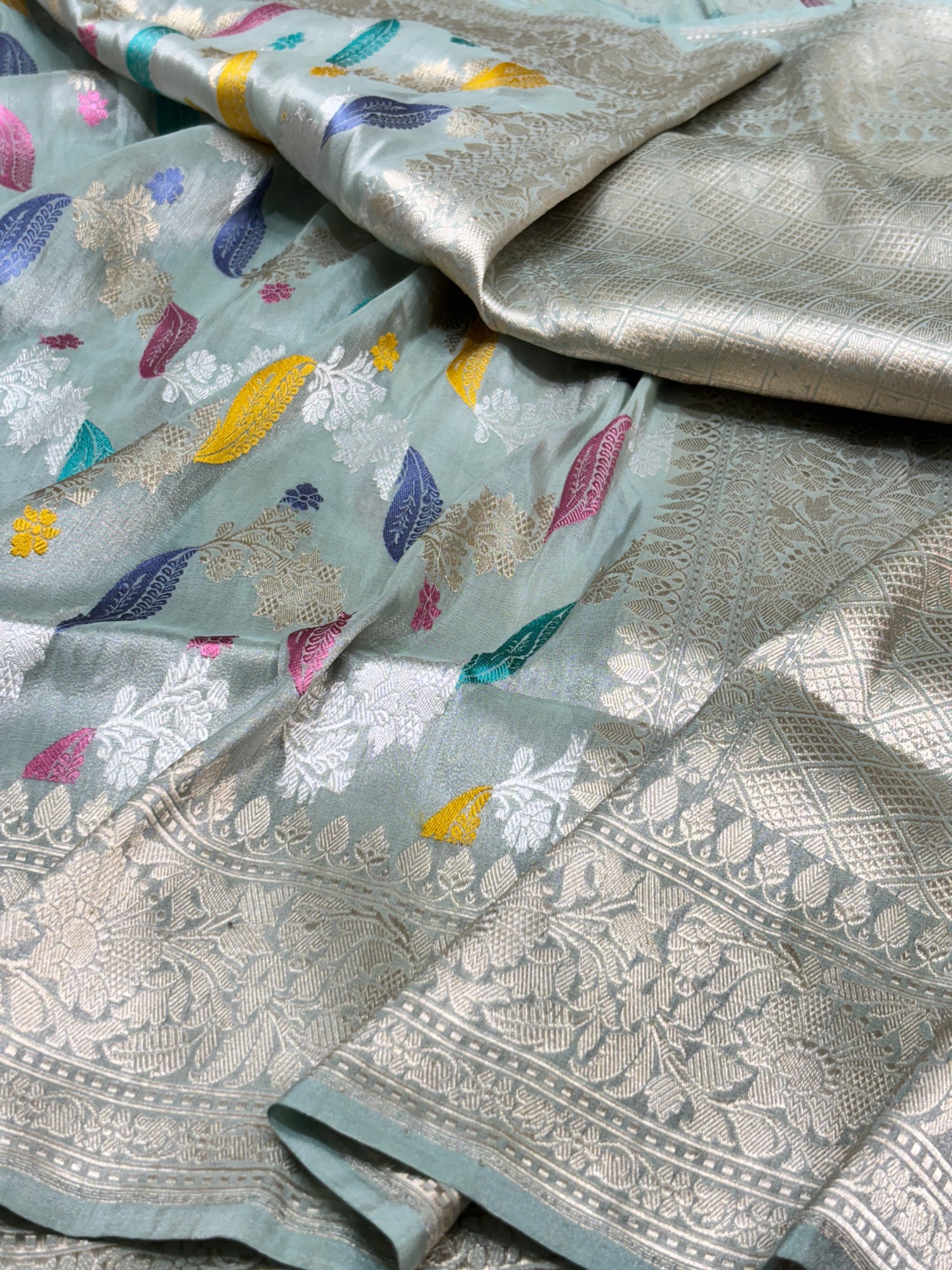 Ice Blue Tissue Banarasi Silk Handwoven Saree