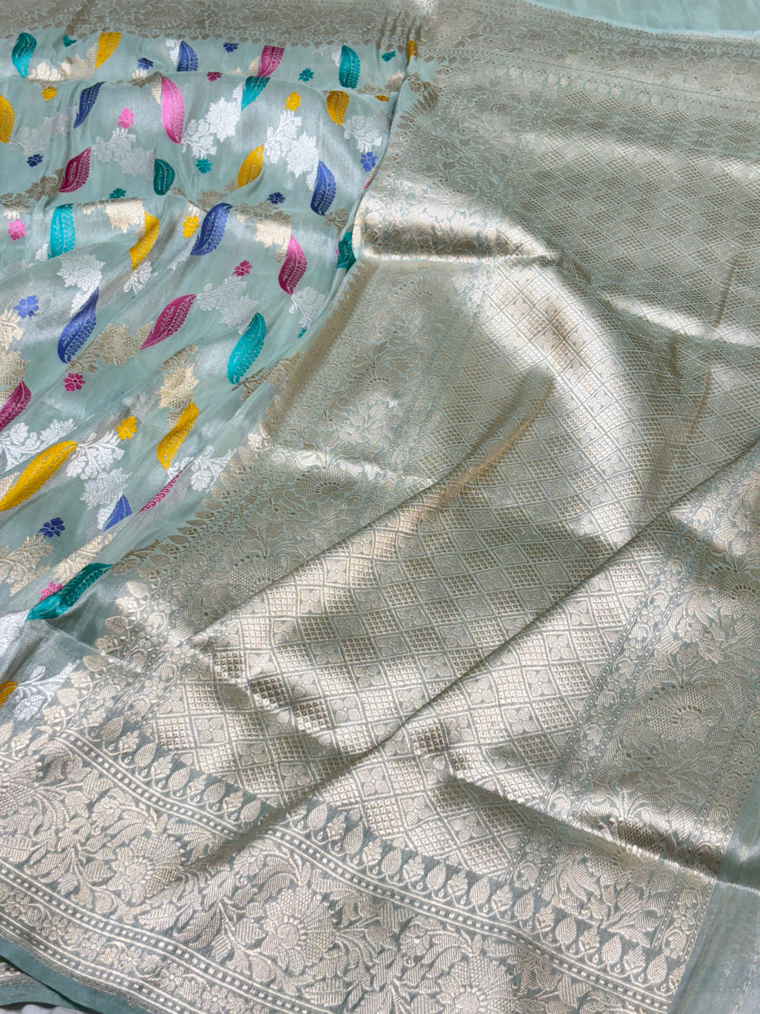 Ice Blue Tissue Banarasi Silk Handwoven Saree