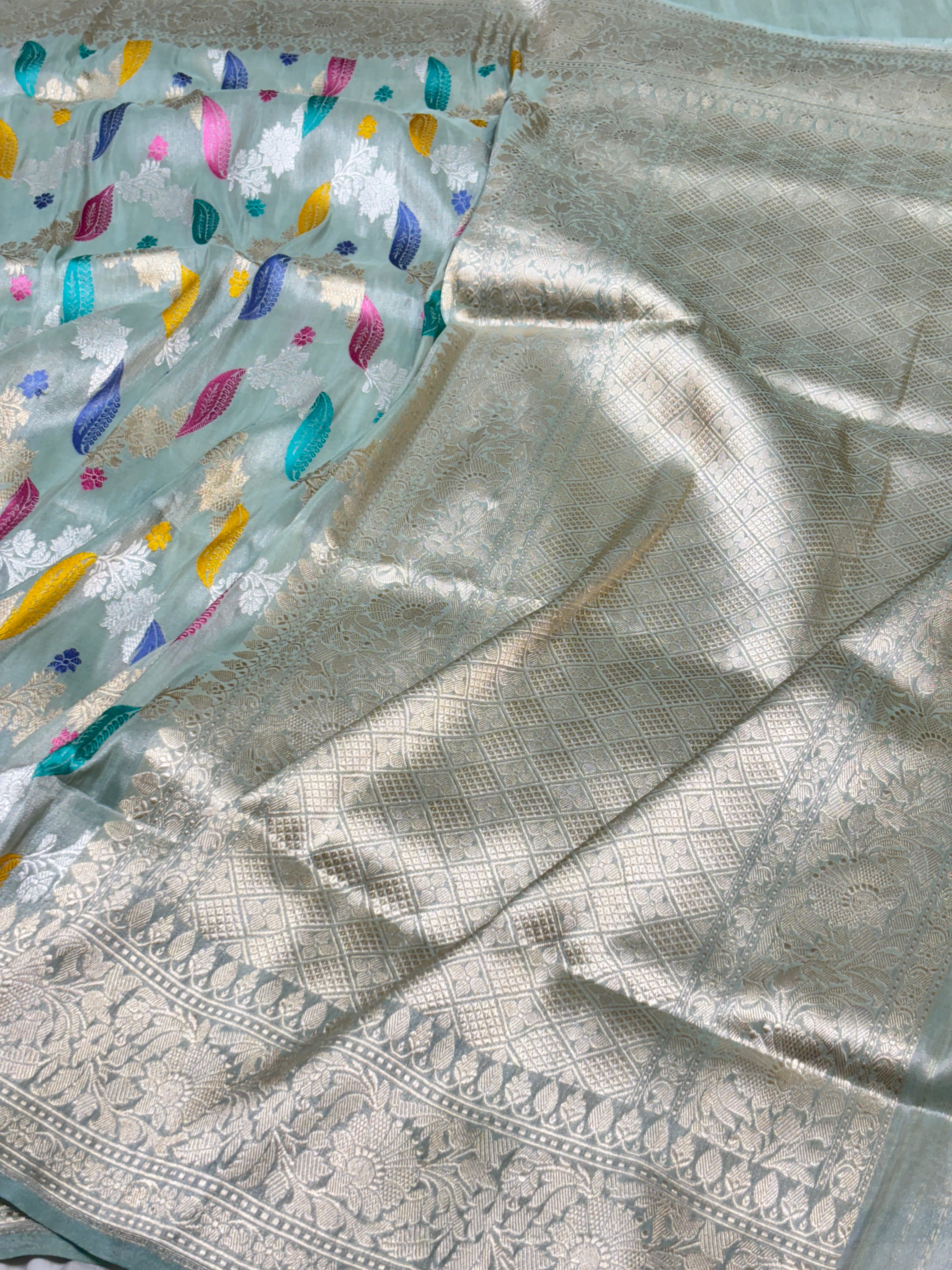 Ice Blue Tissue Banarasi Silk Handwoven Saree