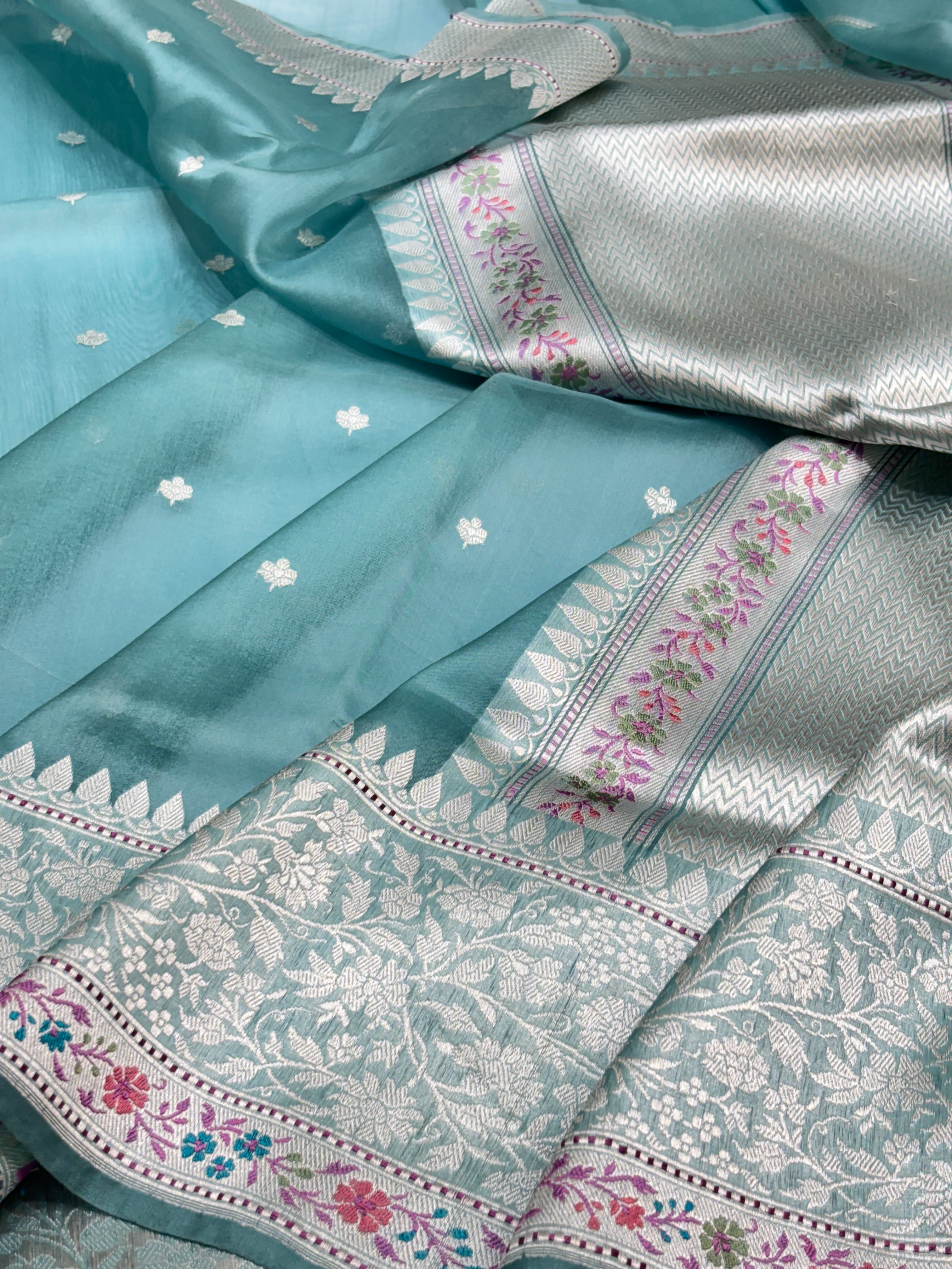 Blue Banarasi Kora Silk Handwoven Saree