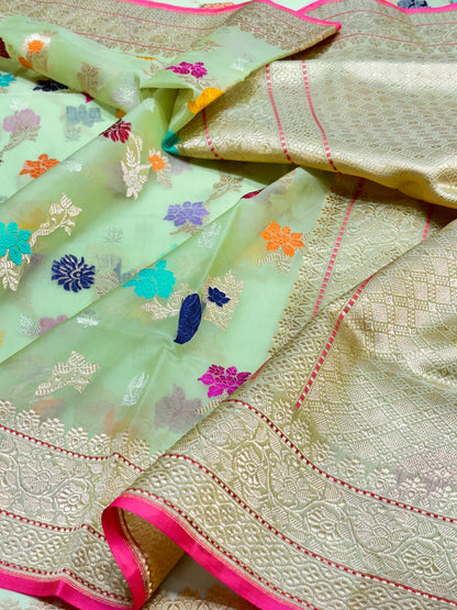Pista Green Banarasi Kora Silk Handwoven Saree