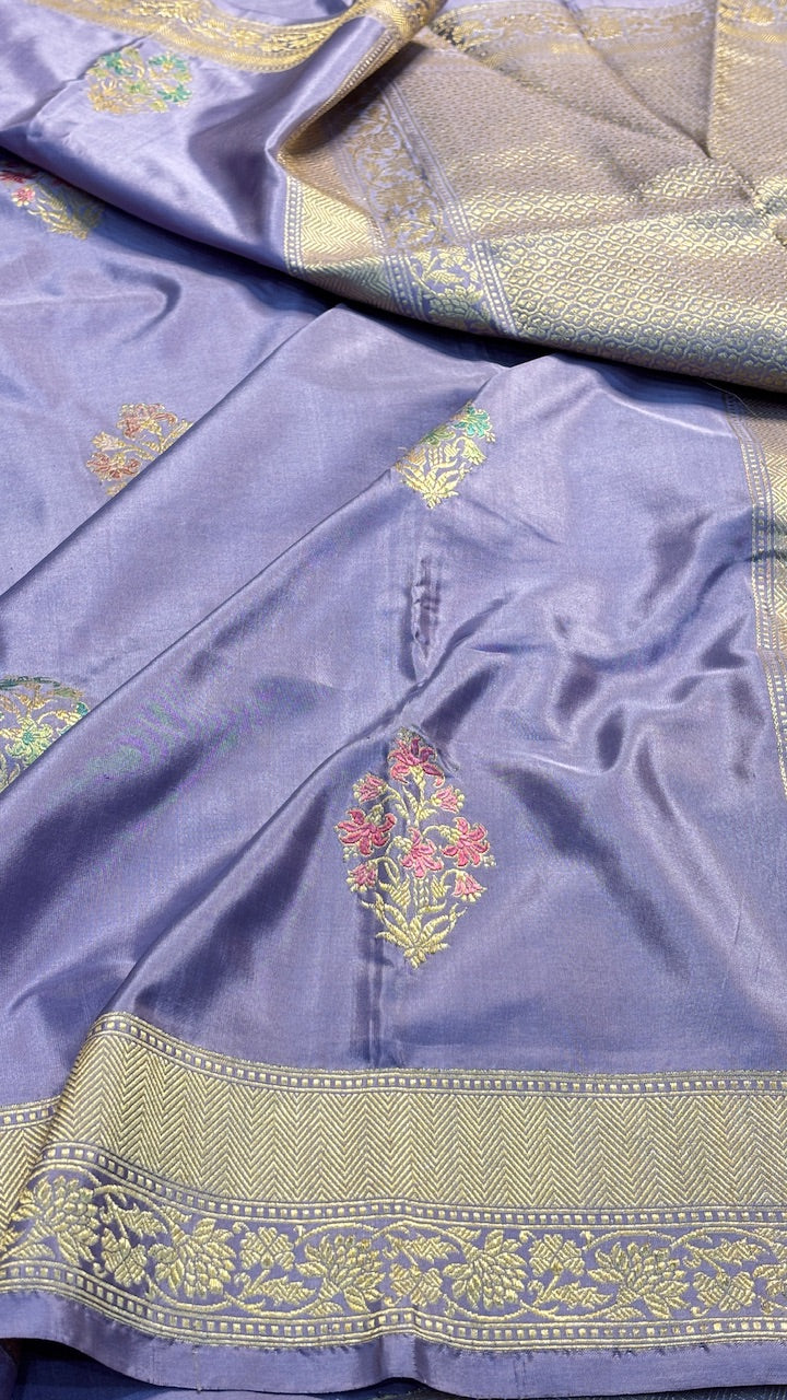 Dusty Lavender Blue Pure Banarasi Katan Silk Handloom Saree