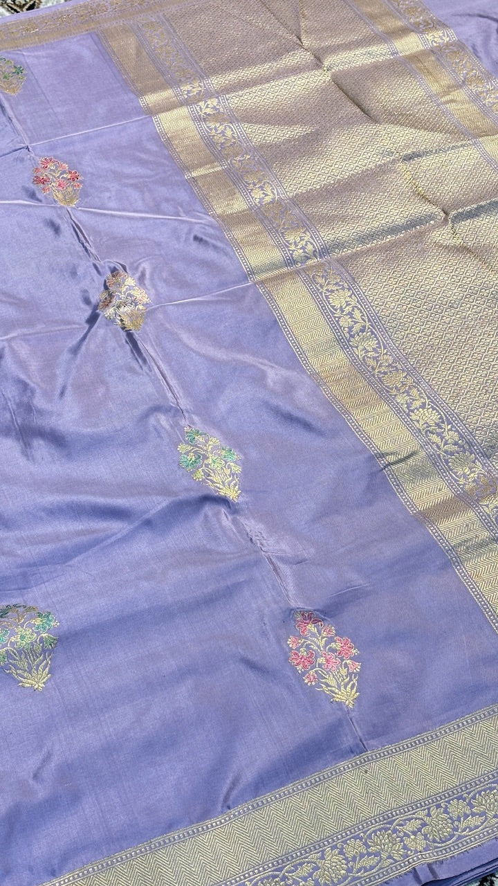 Dusty Lavender Blue Pure Banarasi Katan Silk Handloom Saree