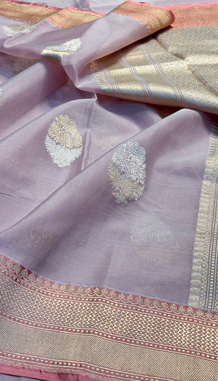 Baby Pink Banarasi Kora Silk Handwoven Saree