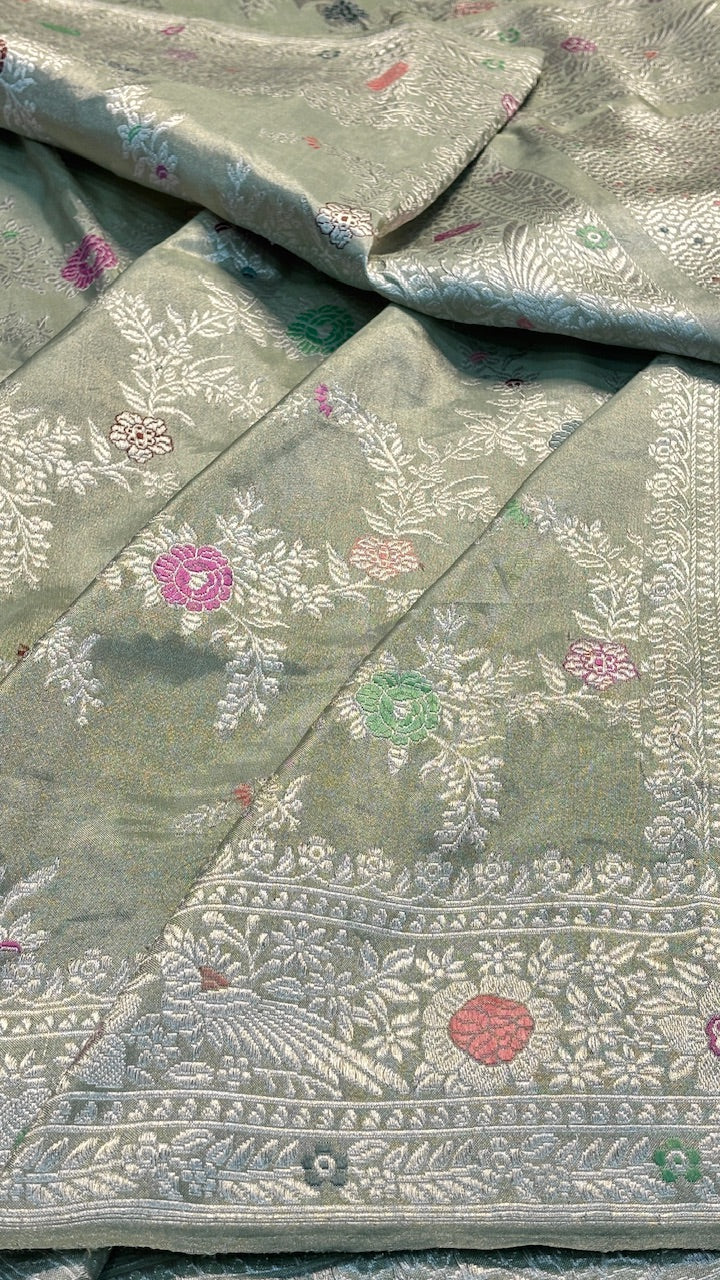 Dusty Pista Green Tissue Banarasi Silk Handwoven Saree