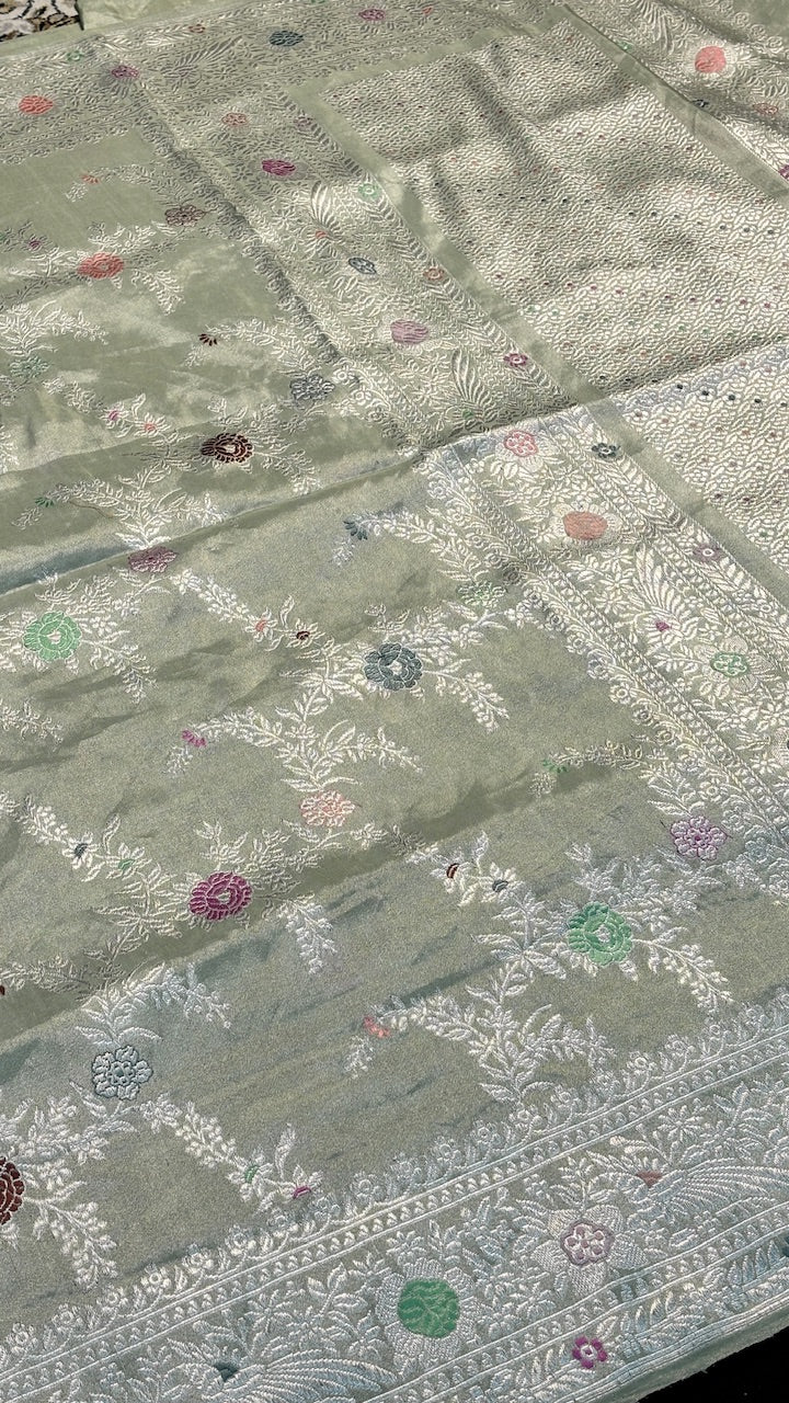 Dusty Pista Green Tissue Banarasi Silk Handwoven Saree