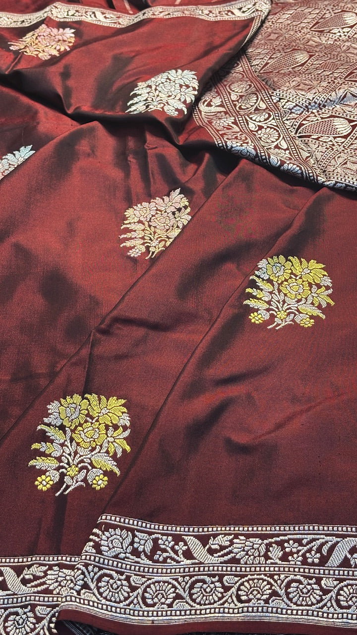 Maroon Pure Banarasi Ektara  Silk Handwoven Saree