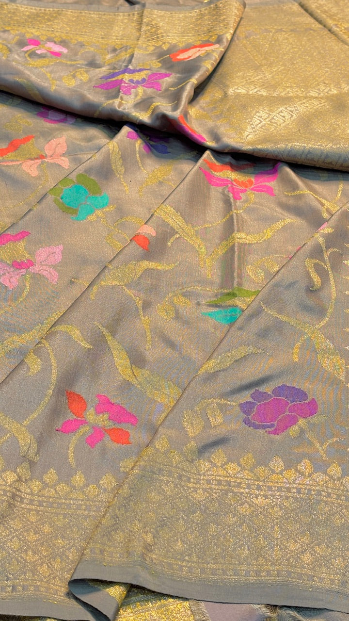 Smoky Grey Pure Banarasi Katan Silk Handloom Saree