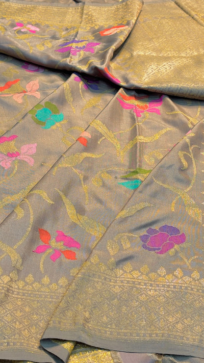 Smoky Grey Pure Banarasi Katan Silk Handloom Saree