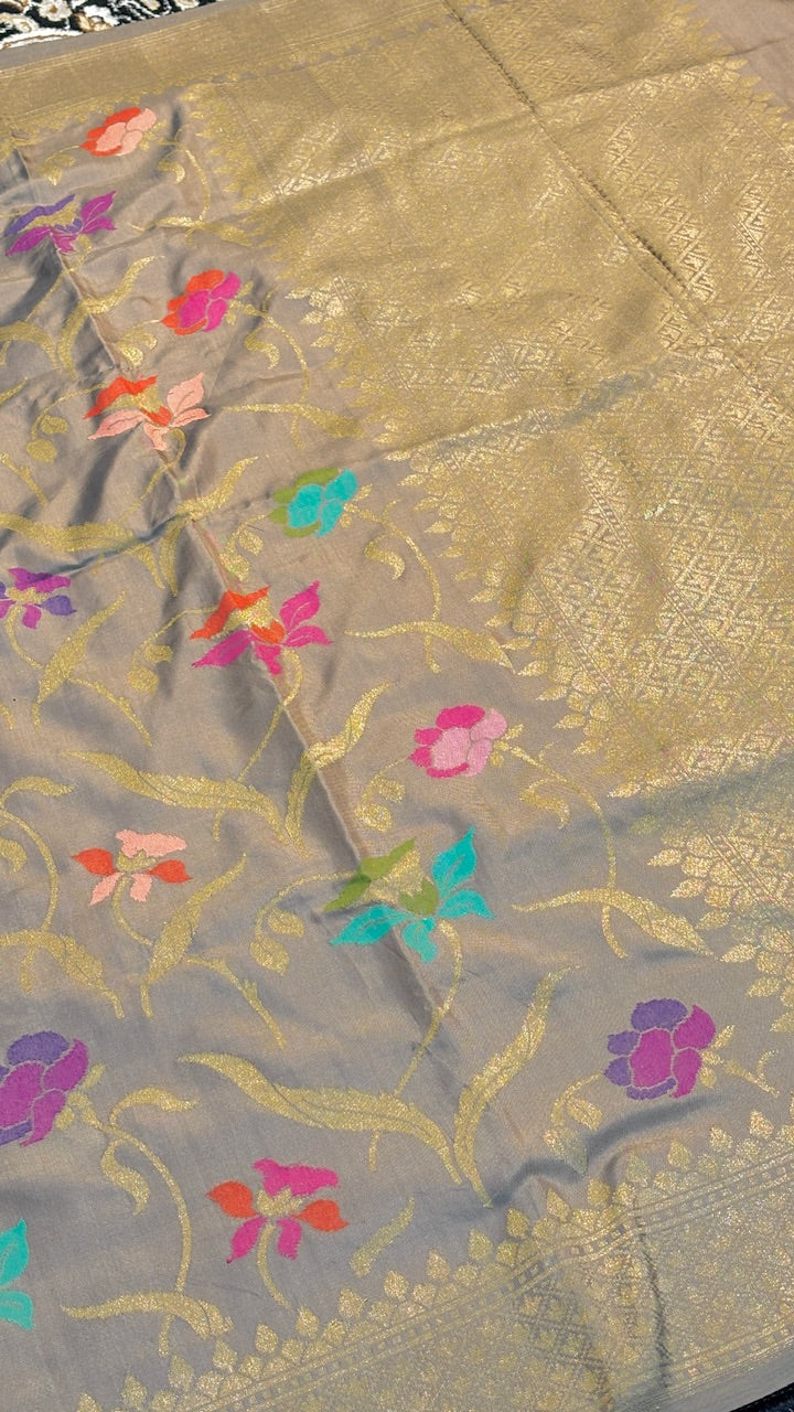Smoky Grey Pure Banarasi Katan Silk Handloom Saree