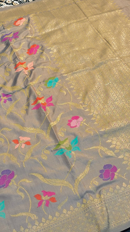 Smoky Grey Pure Banarasi Katan Silk Handloom Saree
