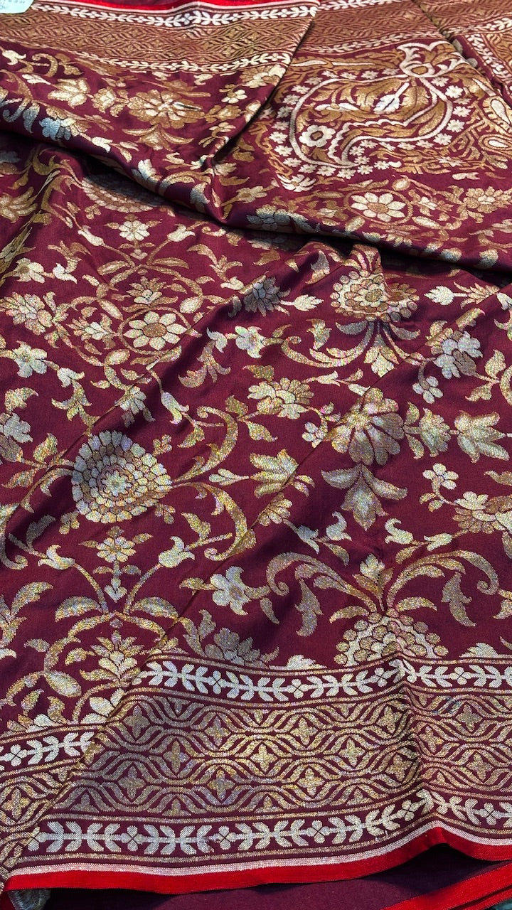 Wine Silk Jamdani Saree with Zari Weaves