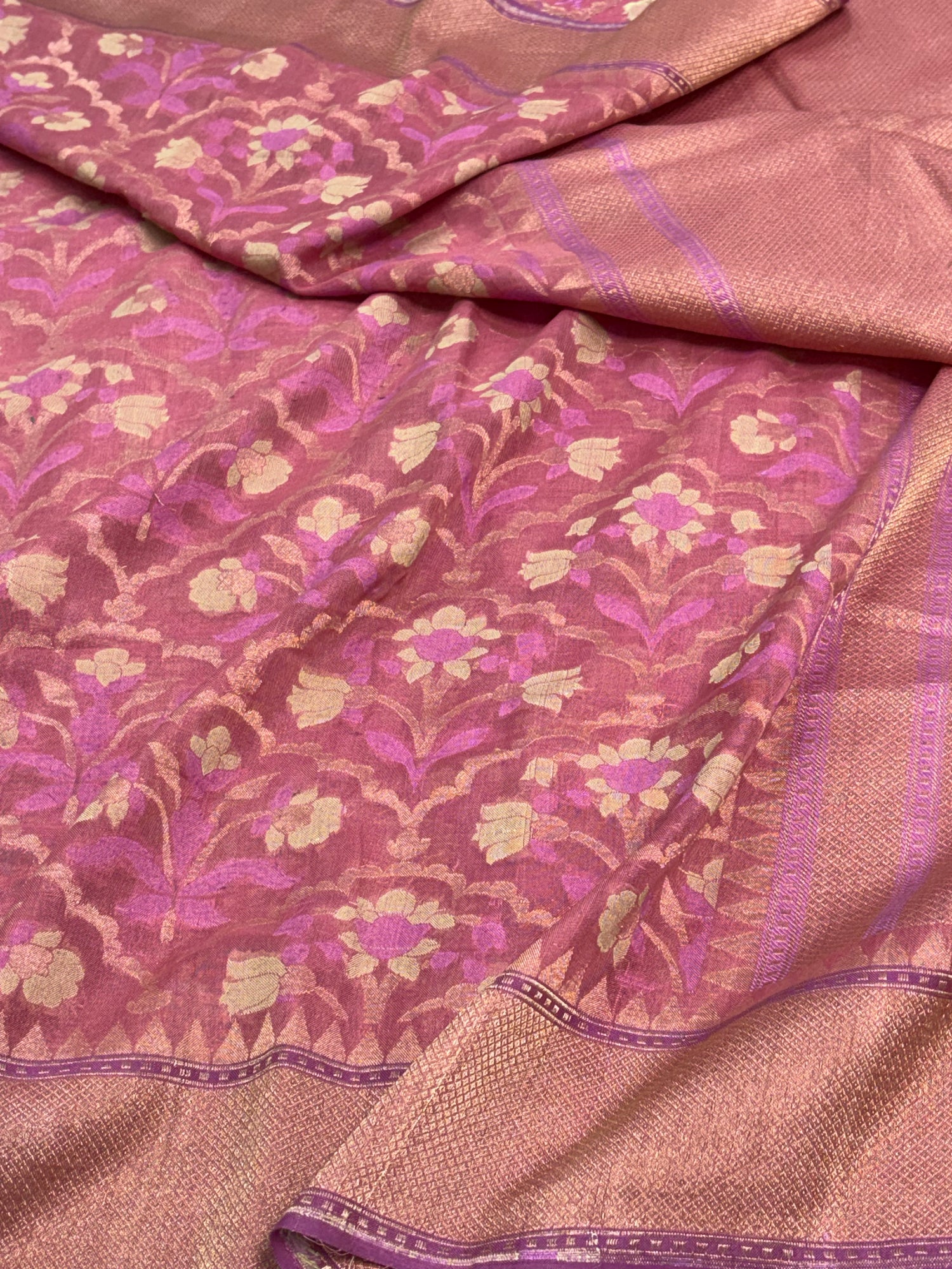 Baby Pink Cotton Jamdani Handloom Banarasi Saree with Zari Border