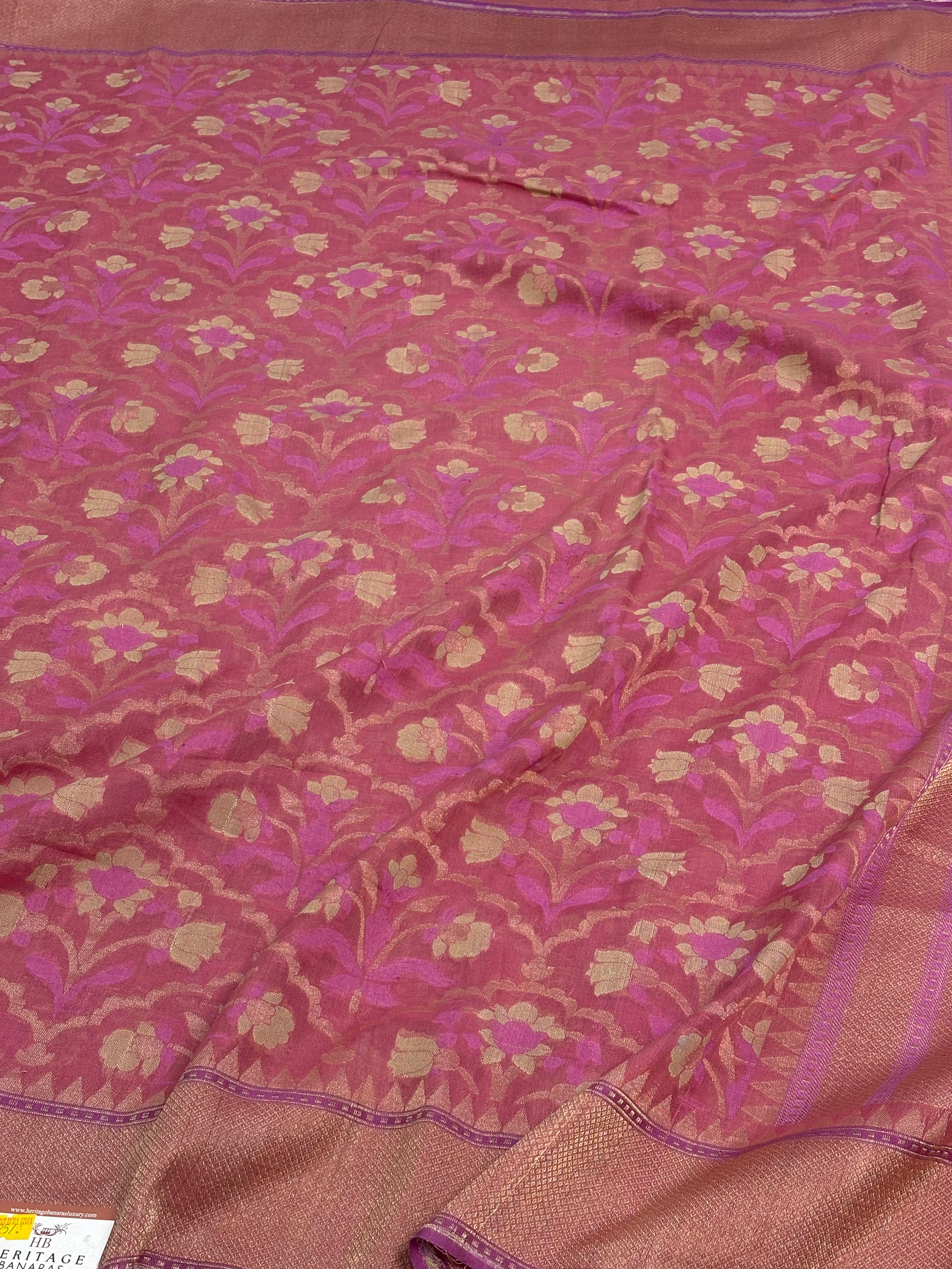 Baby Pink Cotton Jamdani Handloom Banarasi Saree with Zari Border