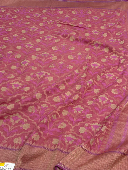 Baby Pink Cotton Jamdani Handloom Banarasi Saree with Zari Border