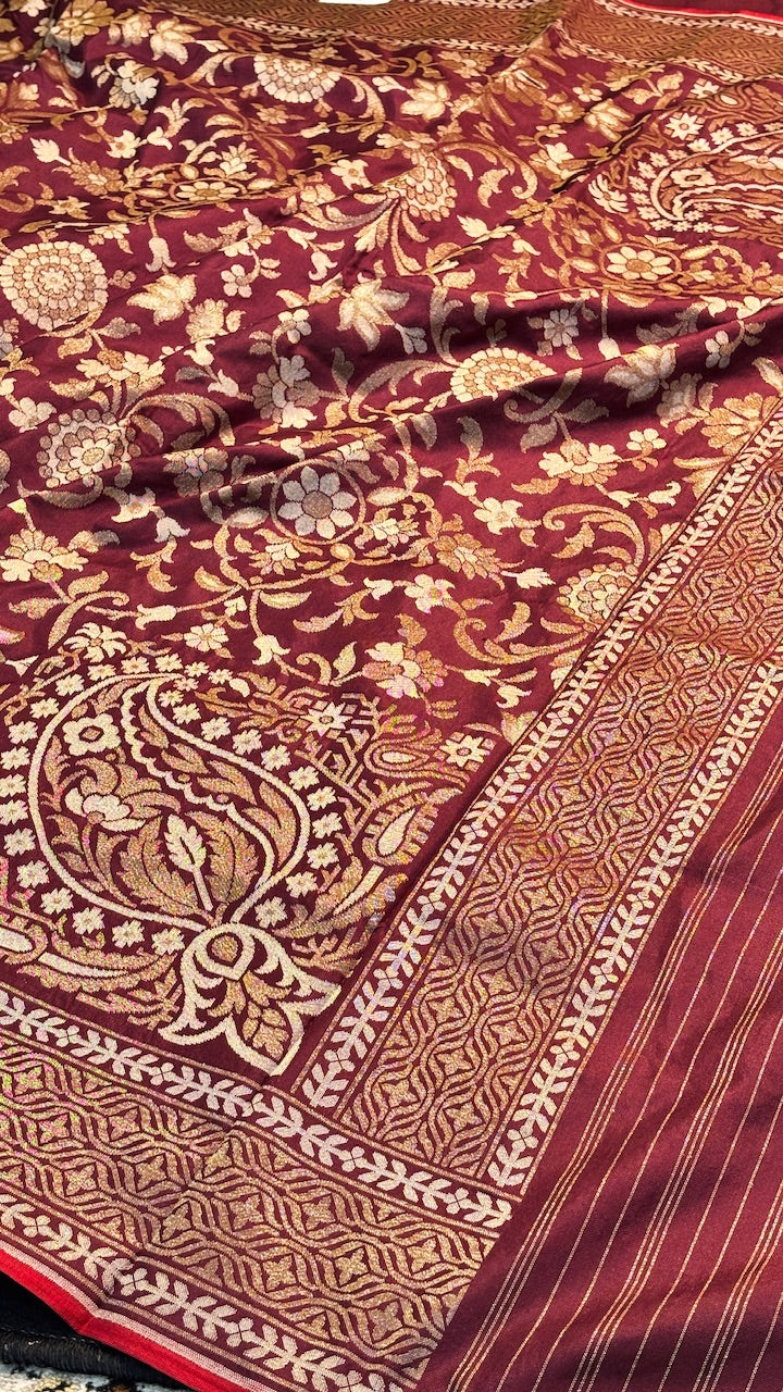 Wine Silk Jamdani Saree with Zari Weaves