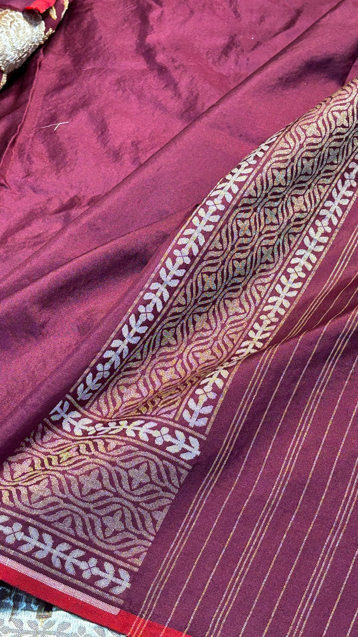 Wine Silk Jamdani Saree with Zari Weaves