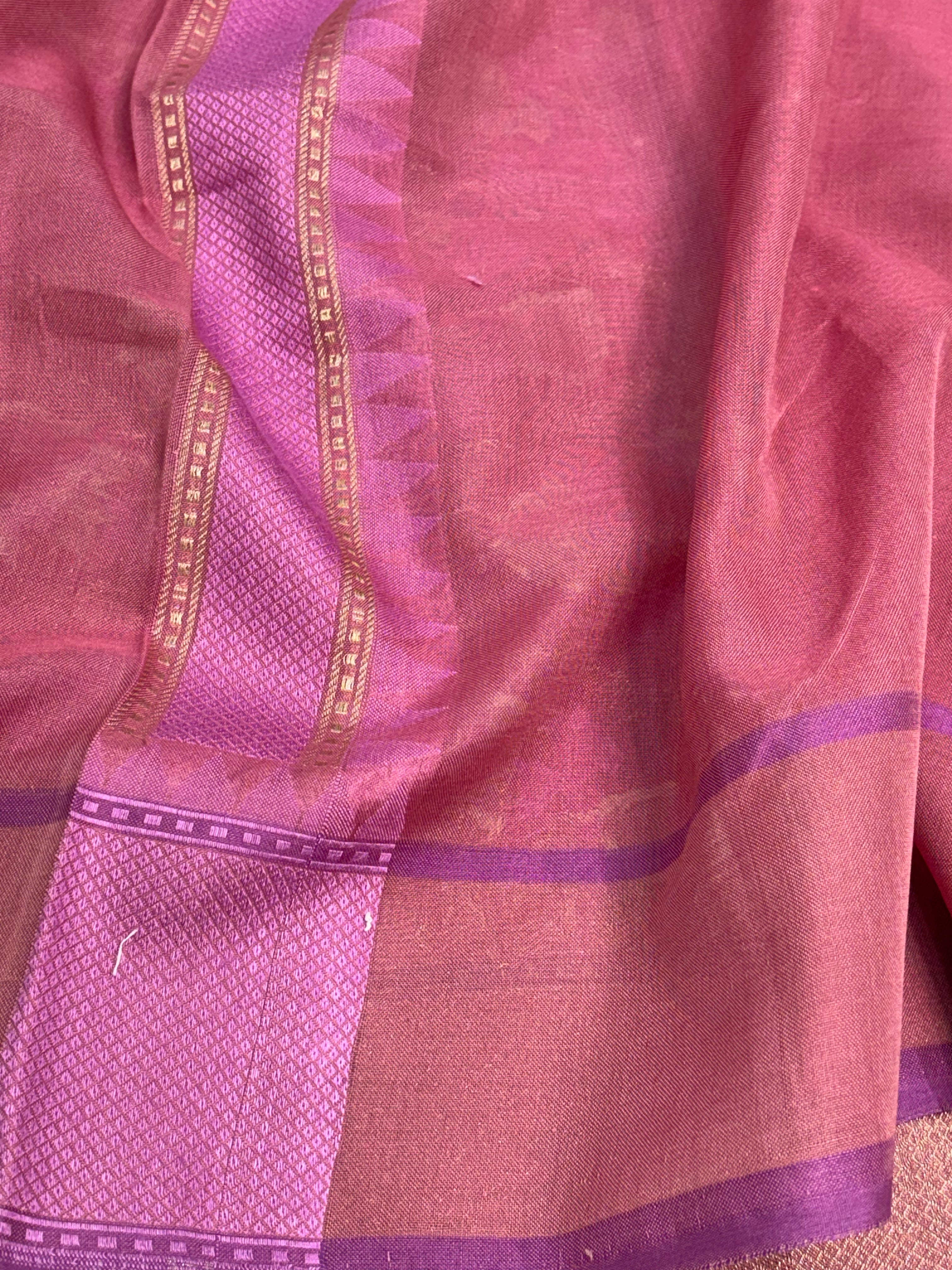Baby Pink Cotton Jamdani Handloom Banarasi Saree with Zari Border
