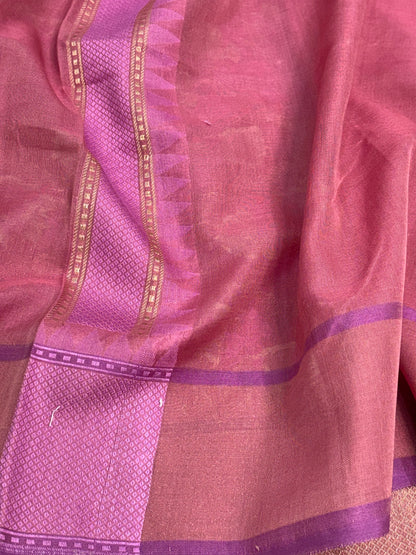 Baby Pink Cotton Jamdani Handloom Banarasi Saree with Zari Border
