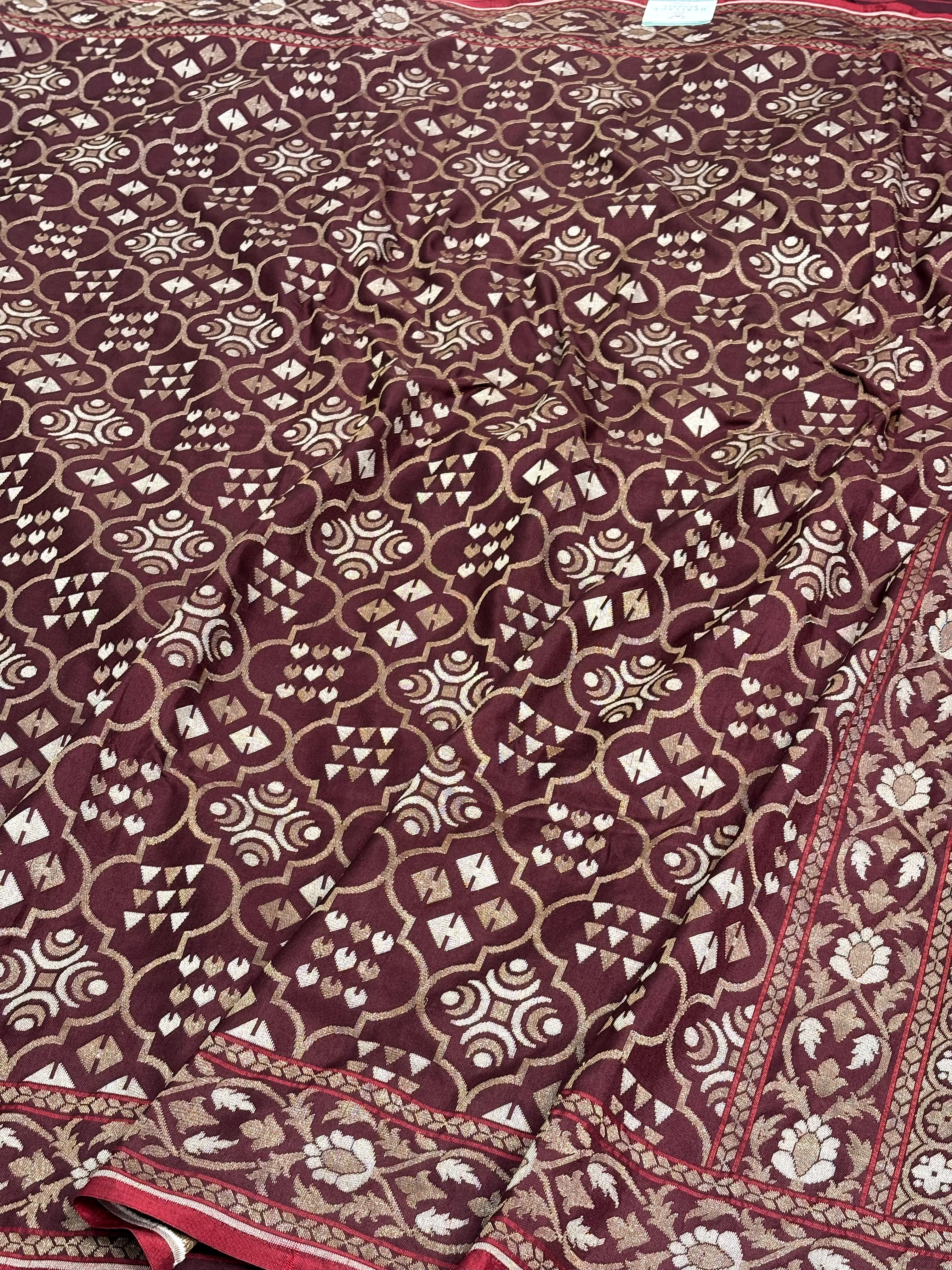 Wine Silk Jamdani Handwoven Banarasi Saree with Zari Border