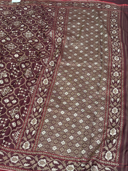 Wine Silk Jamdani Handwoven Banarasi Saree with Zari Border