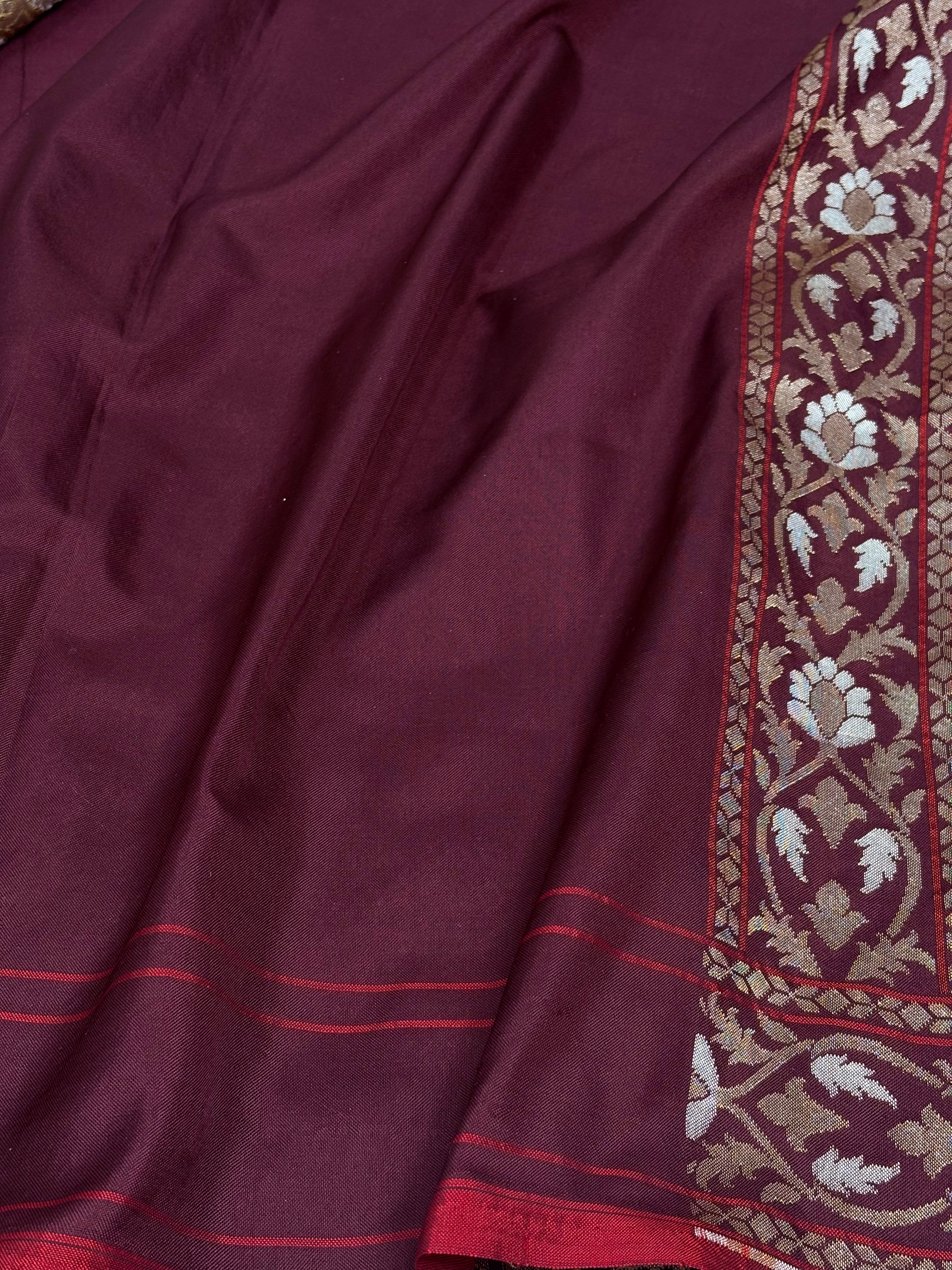 Wine Silk Jamdani Handwoven Banarasi Saree with Zari Border