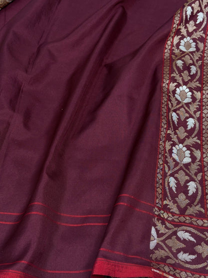 Wine Silk Jamdani Handwoven Banarasi Saree with Zari Border