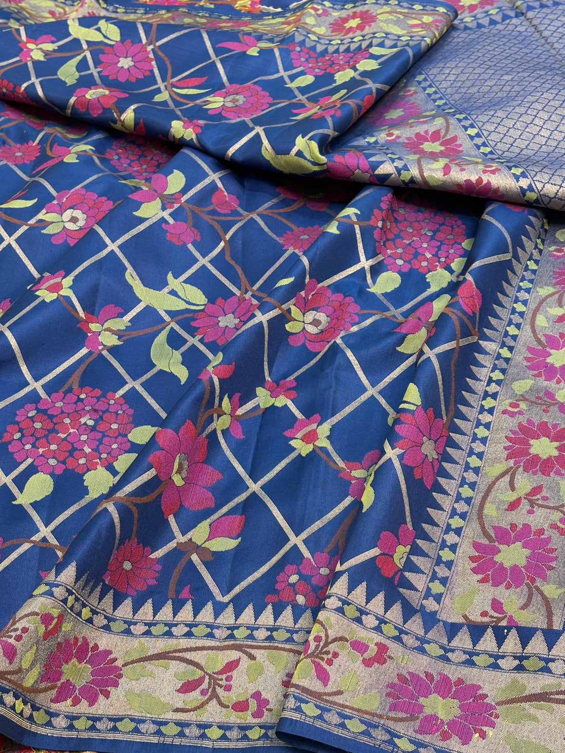 Royal Blue  Banarasi Jamdani Silk Saree with Multicolour Floral Weaving