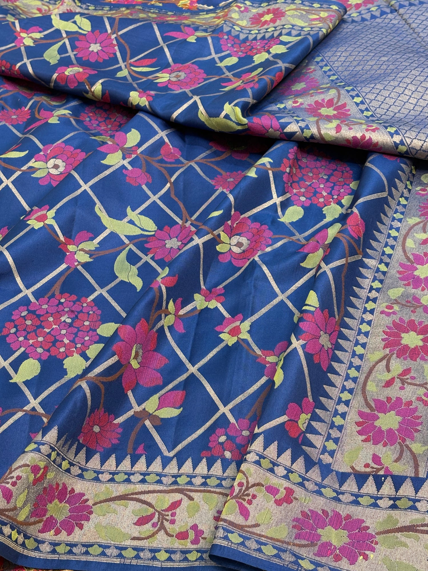 Royal Blue  Banarasi Jamdani Silk Saree with Multicolour Floral Weaving