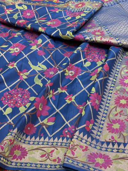 Royal Blue  Banarasi Jamdani Silk Saree with Multicolour Floral Weaving