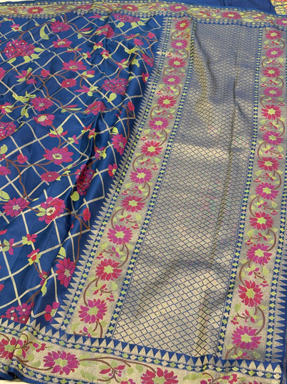Royal Blue  Banarasi Jamdani Silk Saree with Multicolour Floral Weaving