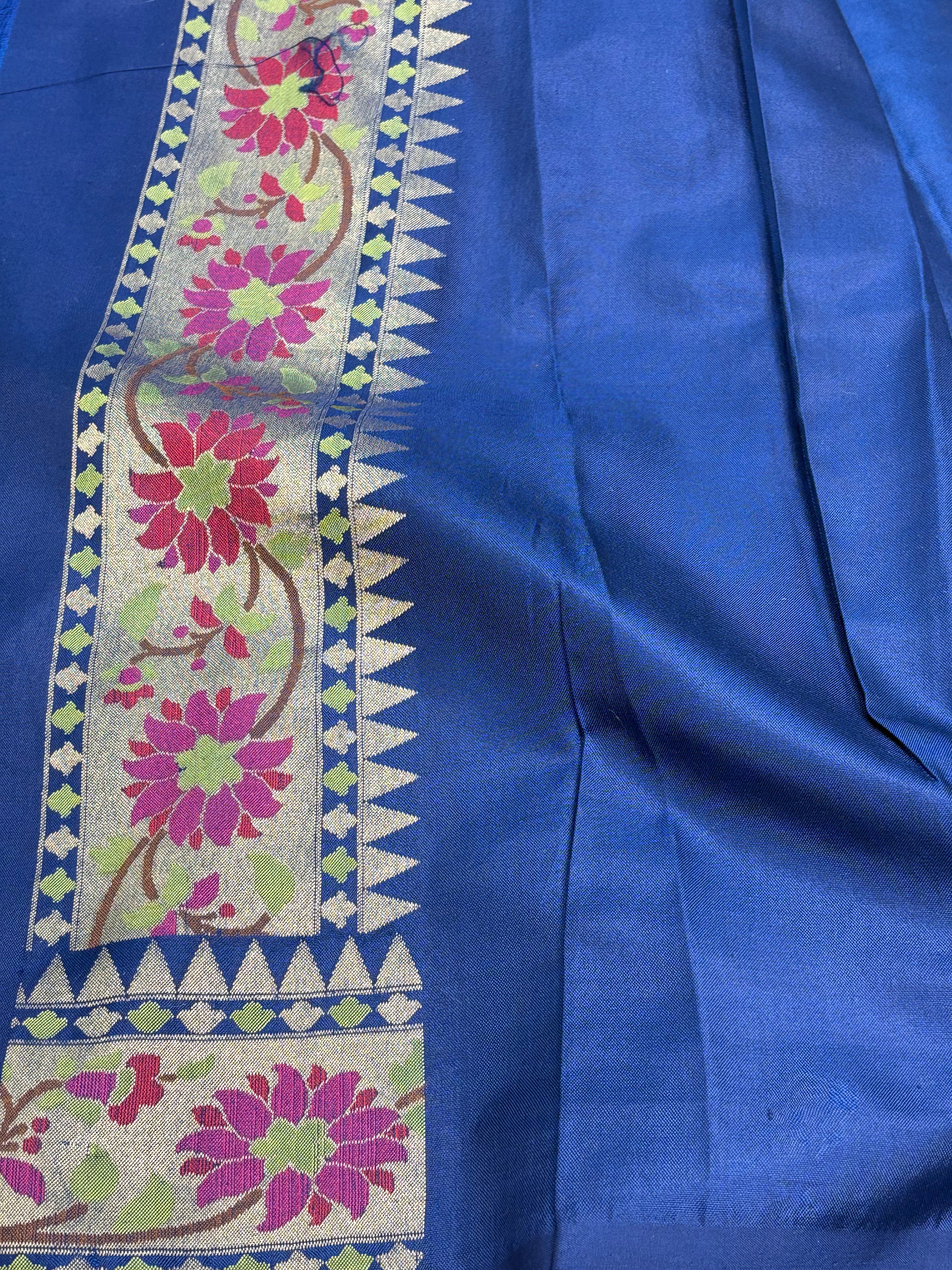 Royal Blue  Banarasi Jamdani Silk Saree with Multicolour Floral Weaving