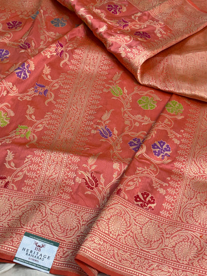 Orangish Pink Handwoven Pure BANARASI Katan Silk Saree