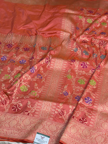 Orangish Pink Handwoven Pure BANARASI Katan Silk Saree