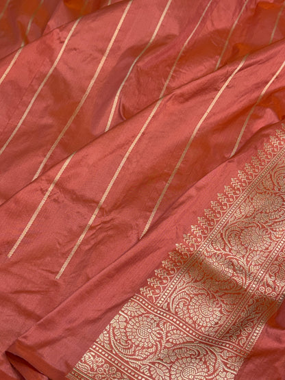 Orangish Pink Handwoven Pure BANARASI Katan Silk Saree