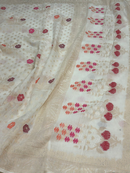 White Cotton Jamdani Handwoven Saree