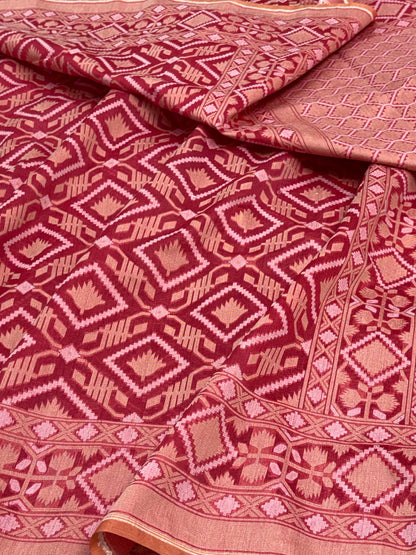 Orangish Pink Cotton Jamdani Handwoven Saree