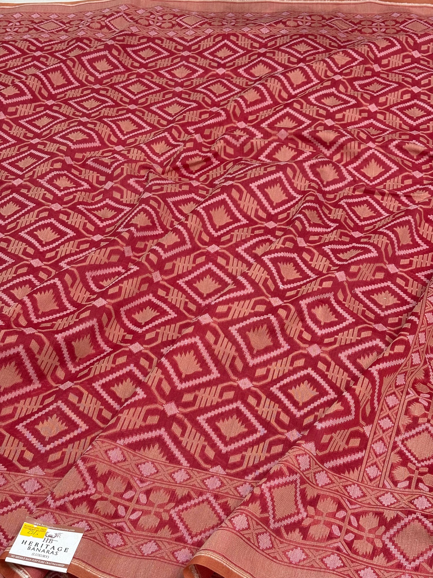 Orangish Pink Cotton Jamdani Handwoven Saree