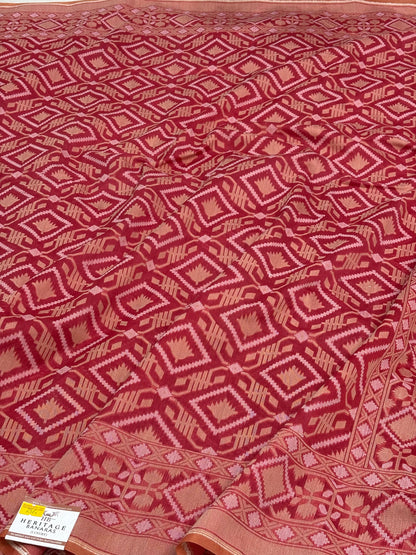 Orangish Pink Cotton Jamdani Handwoven Saree