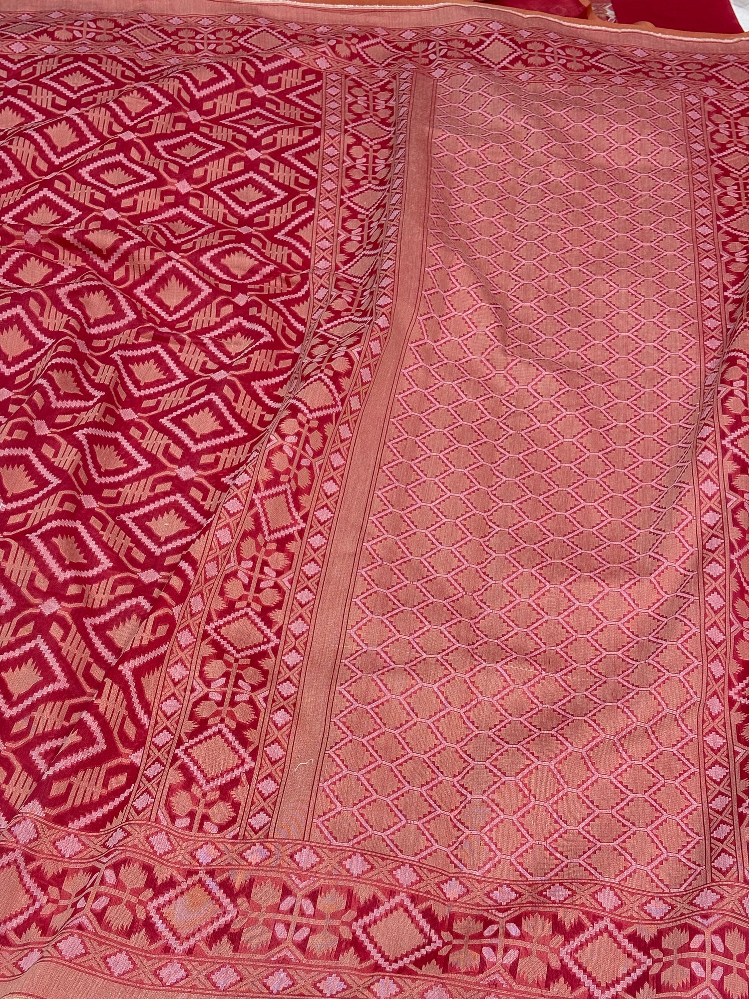 Orangish Pink Cotton Jamdani Handwoven Saree